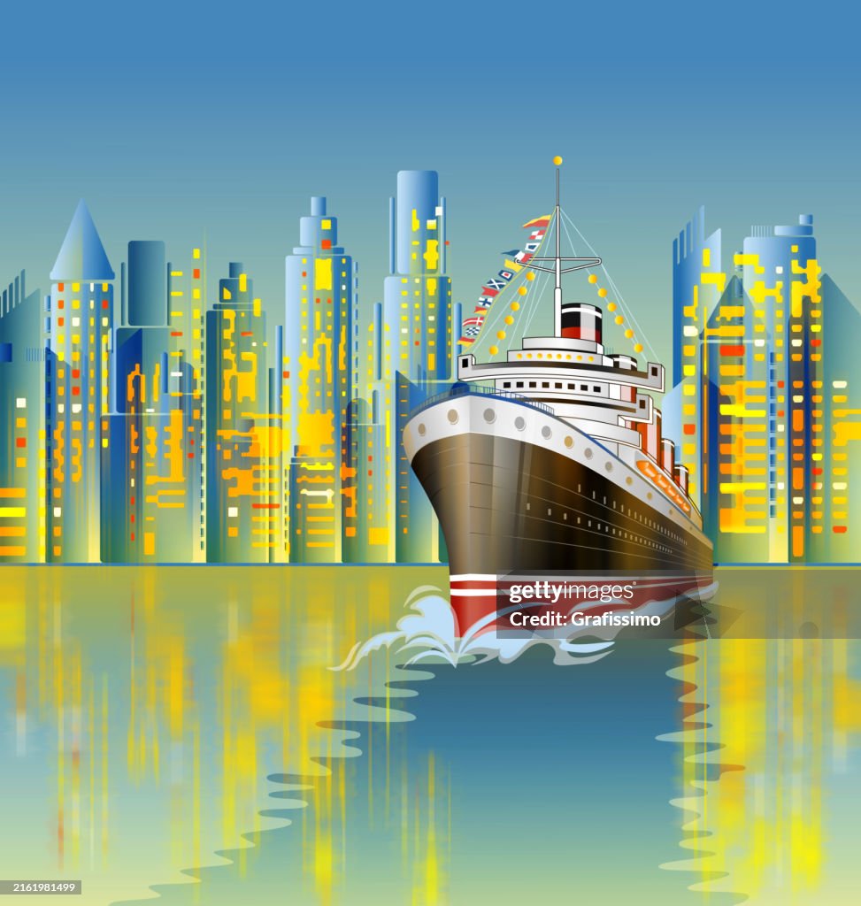 Antique Ocean Liner in front of modern skyscraper skyline flat illustration
