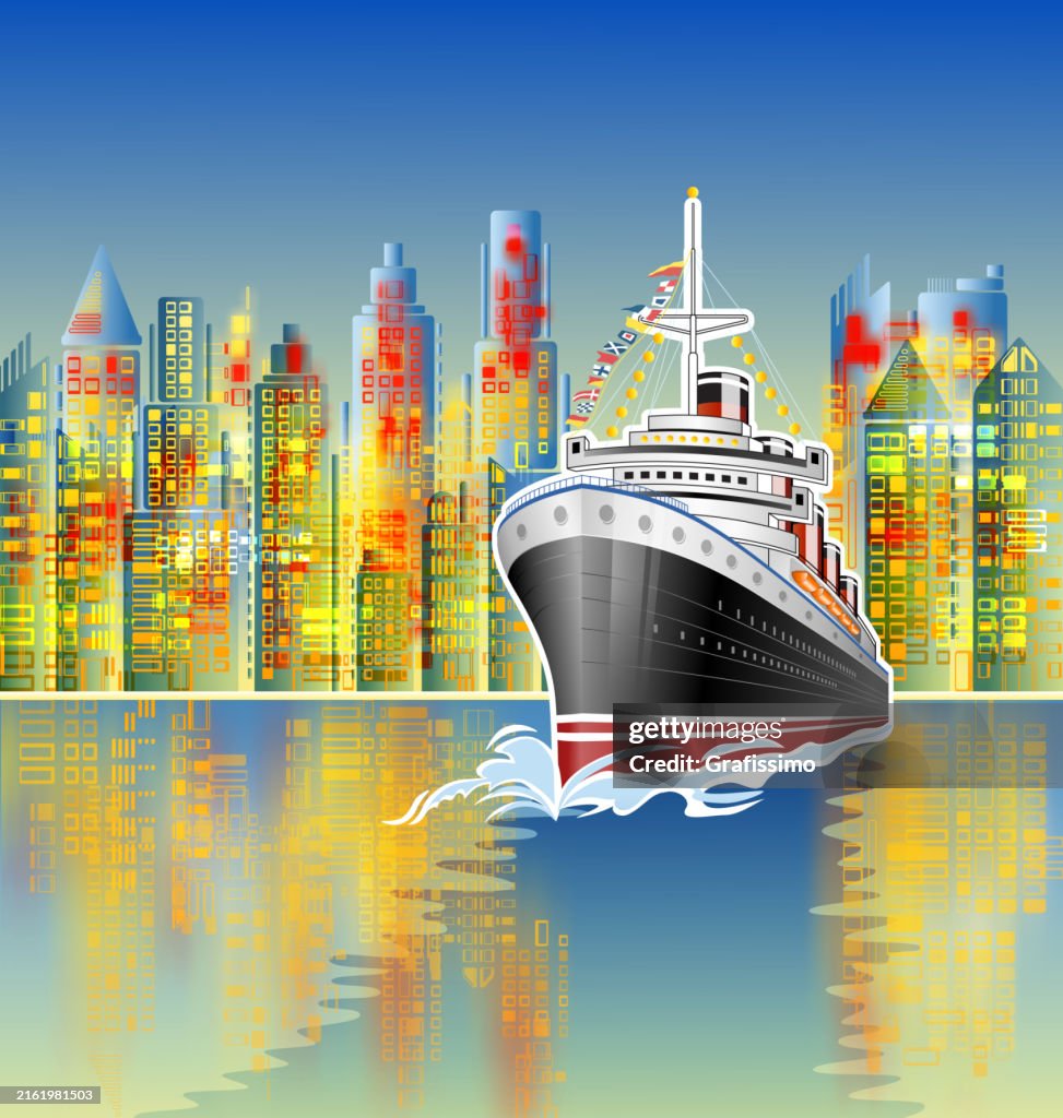 Antique Ocean Liner in front of modern skyscraper skyline flat illustration