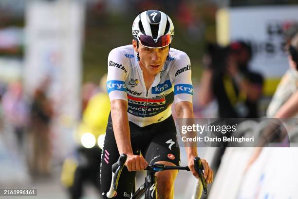 Remco Evenepoel of Belgium and Team Soudal Quick-Step - White Best Young Rider Jersey crosses the finish line during the 111th Tour de France 2024,...
