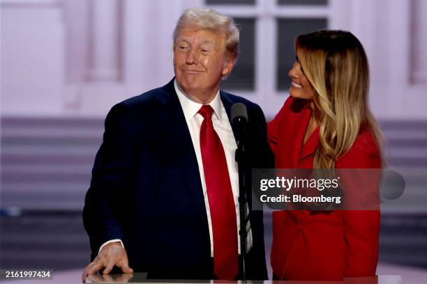 Former US President Donald Trump, left, and former First Lady Melania Trump during the Republican National Convention at the Fiserv Forum in...