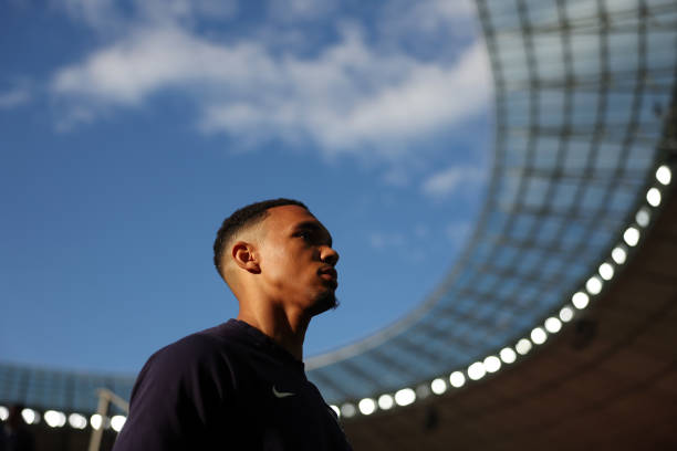 Trent Alexander-Arnold of England looks on as he inspects the pitch prior to the UEFA EURO 2024 final match between Spain and England at...