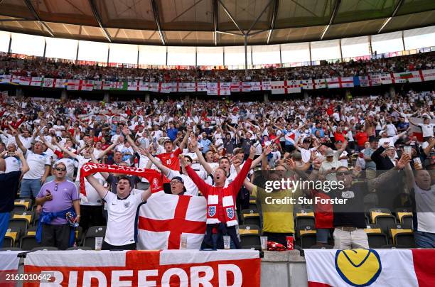 General view as fans of England show their support as they enjoy the pre match atmosphere prior to the UEFA EURO 2024 final match between Spain and...