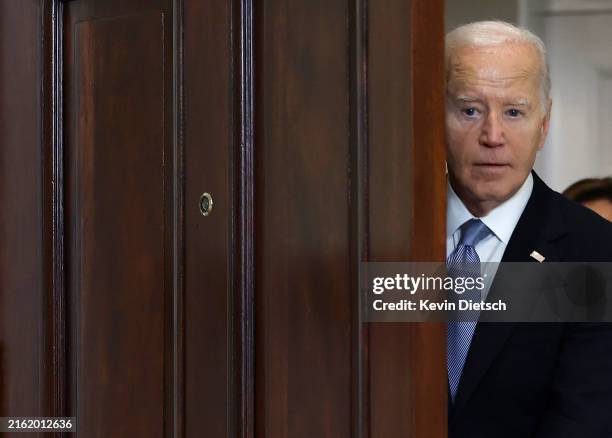 President Joe Biden arrives to deliver remarks on the assassination attempt on Republican presidential candidate former President Donald Trump, at...