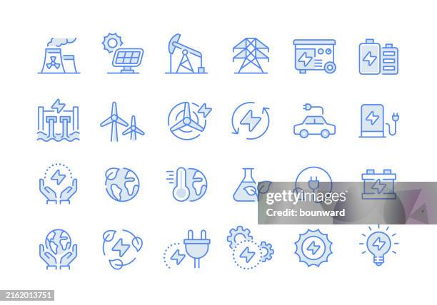 illustrations, cliparts, dessins animés et icônes de écologie et énergie icônes de ligne bleue trait modifiable - énergie éolienne