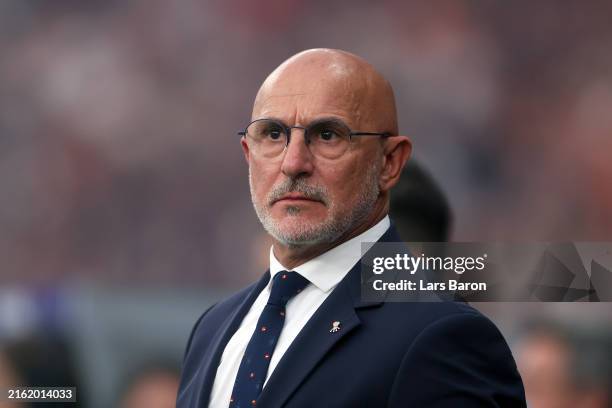 Luis de la Fuente, Head Coach of Spain, looks on prior to the UEFA EURO 2024 final match between Spain and England at Olympiastadion on July 14, 2024...
