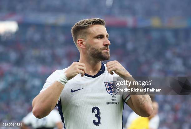 Luke Shaw of England looks on during the UEFA EURO 2024 final match between Spain and England at Olympiastadion on July 14, 2024 in Berlin, Germany.