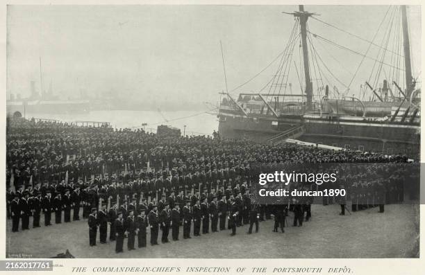 military history, british royal navy sailors on parade, portsmouth depot, victorian 1890s 19th century vinatge photograph - royal navy stock illustrations
