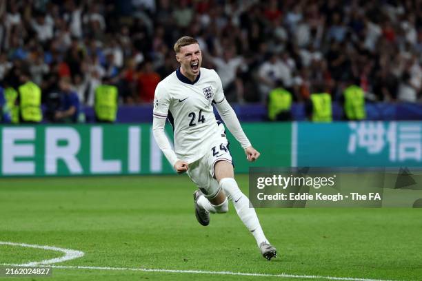 Cole Palmer of England celebrates scoring his team's first goal during the UEFA EURO 2024 final match between Spain and England at Olympiastadion on...