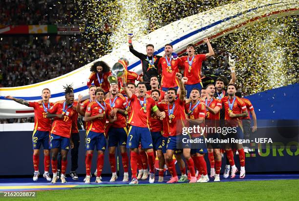 Alvaro Morata of Spain lifts the UEFA Euro 2024 Henri Delaunay Trophy after his team's victory during the UEFA EURO 2024 final match between Spain...
