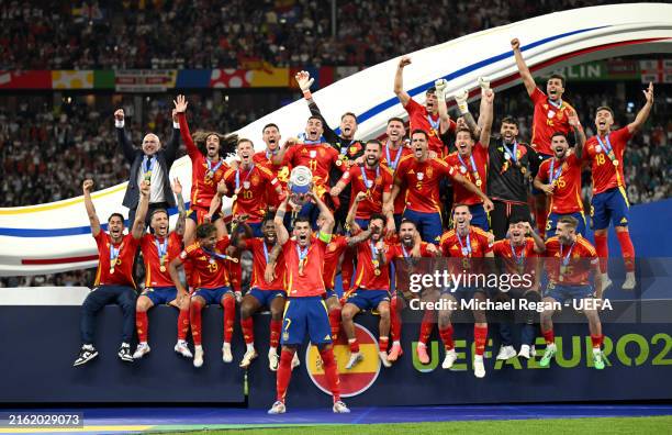Alvaro Morata of Spain lifts the UEFA Euro 2024 Henri Delaunay Trophy after his team's victory during the UEFA EURO 2024 final match between Spain...