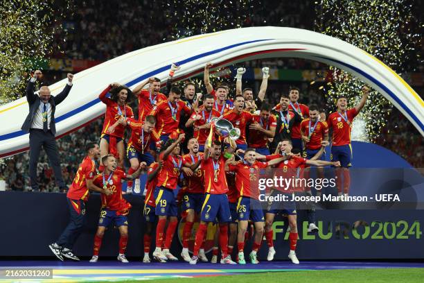 Alvaro Morata of Spain lifts the UEFA Euro 2024 Henri Delaunay Trophy after his team's victory during the UEFA EURO 2024 final match between Spain...