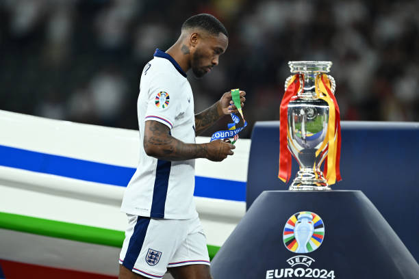 Ivan Toney of England looks dejected as he walks past the UEFA Euro 2024 Henri Delaunay Trophy after the team's defeat in the UEFA EURO 2024 final...