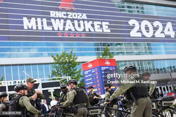 Law Enforcement Officers from Palm Beach hang out in the Fiserv Forum Plaza ahead of the 2024 Republican National Convention on July 14, 2024 in...
