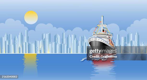 Antique Ocean Liner In Front Of Modern Skyscraper Skyline Flat Illustration, Stock-Foto