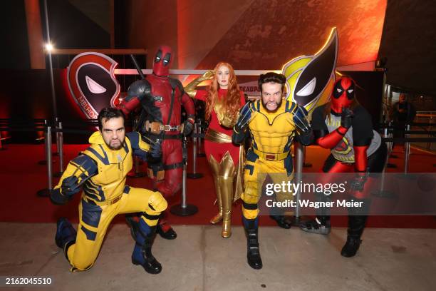 Fans with cosplay costums arriving at the "Deadpool & Wolverine Fan Event" at Cidade das Artes on July 15, 2024 in Rio de Janeiro, Brazil.