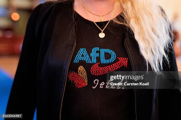 Woman wears a shirt with the logo AfD now as supporters of the far-right Alternative for Germany political party gather for the launch of the AfD...