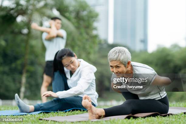 asian women yoga training in public park - self improvement stock pictures, royalty-free photos & images