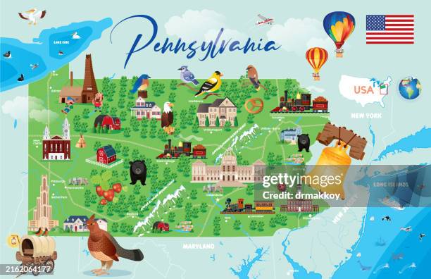 ilustrações de stock, clip art, desenhos animados e ícones de cartoon map of pennsylvania - oil explorations pensylvania