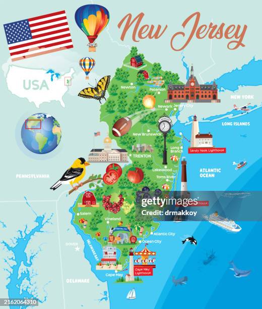 cartoon map of new jersey - new brunswick new jersey stock illustrations