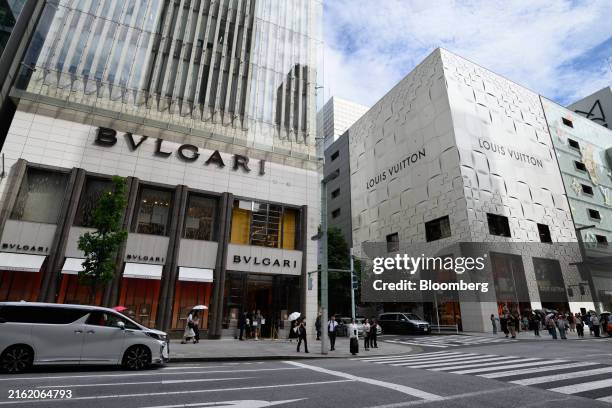 Bvlgari SpA store, left, and a Louis Vuitton store in the Ginza district of Tokyo, Japan, on Friday, July 19, 2024. The nationwide price gains in...