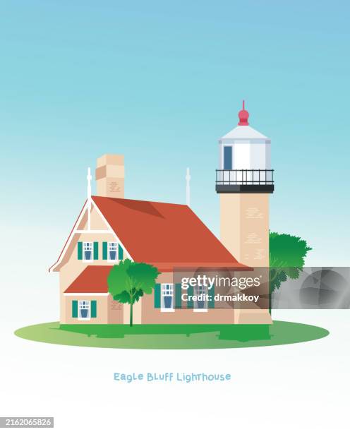 eagle bluff lighthouse - lake michigan house stock illustrations