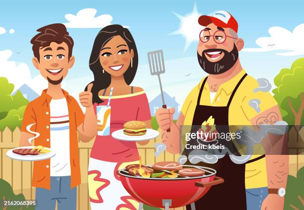 barbecue party in the backyard - backyard grilling stock illustrations