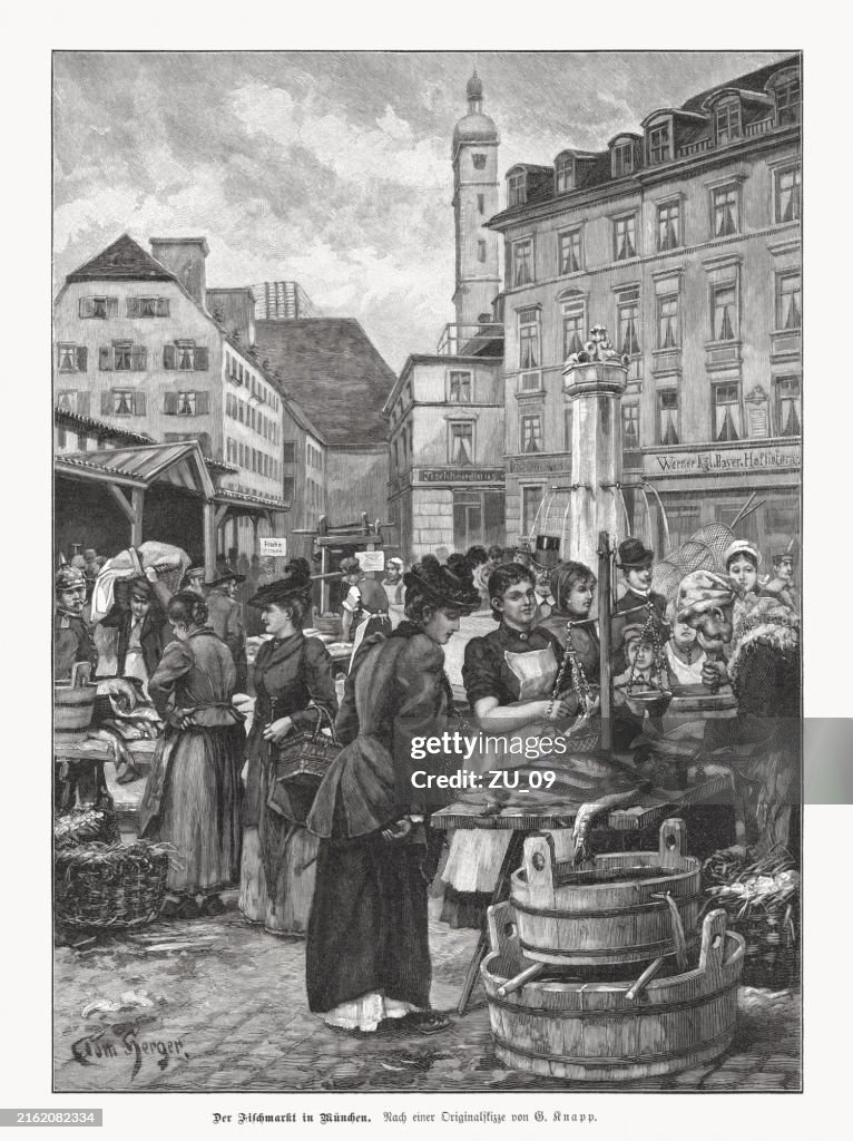 Historical view of the Viktualienmarkt, Munich, Germany, woodcut, published 1892
