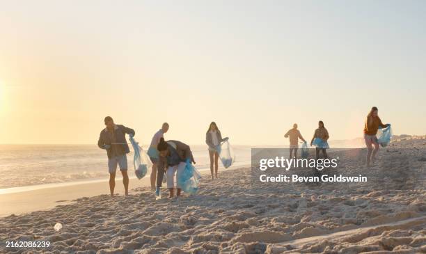 people, group and cleaning for garbage at beach for recycling, trash and plastic for marine ecology. community service, men or women with volunteering, sustainability or environment by sea at sunset - limpeza ambiental imagens e fotografias de stock