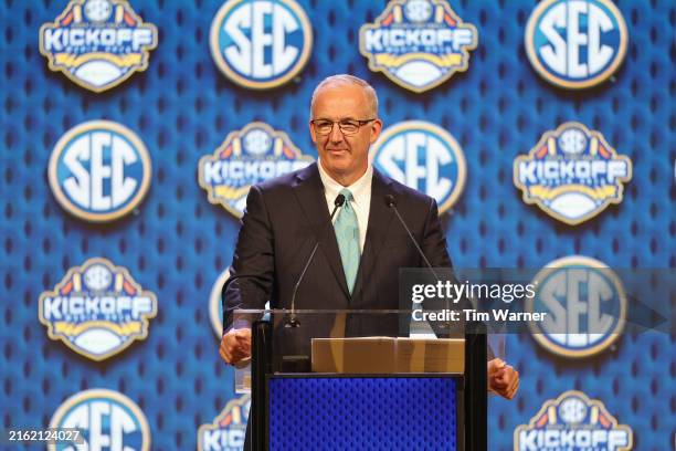 Commissioner Greg Sankey speaks during SEC Football Media Days at Omni Dallas Hotel on July 15, 2024 in Dallas, Texas.