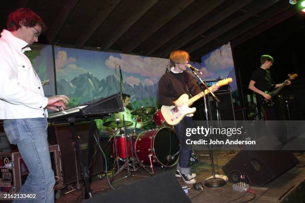 Members of American Alternative Rock group Fine China perform during the South by Southwest music festival onstage at Scholz Garten, Austin, Texas,...