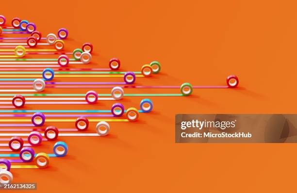 big data visualization concept - bar graph made of colorful duct tapes on orange background - wedstrijd stockfoto's en -beelden