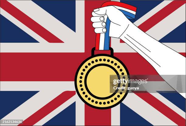 holding medal and british flag. - olympics london stock illustrations