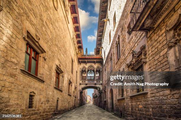 the pont del bisbe, or bishop's bridge in the gothic quarter of barcelona - gotisches viertel barcelona stock-fotos und bilder