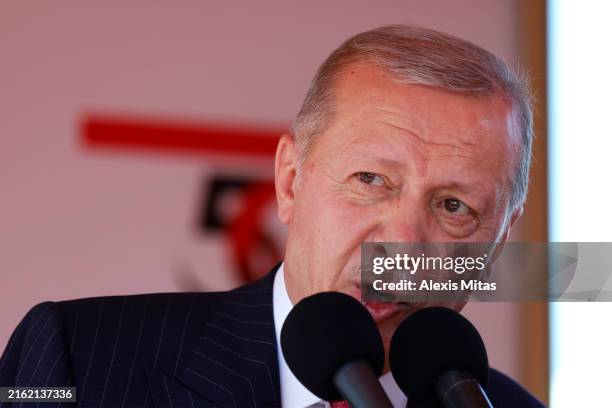 Turkish President Recep Tayyip Erdogan speaks during celebrations marking the 50th anniversary of Turkey's invasion of Cyprus on July 20, 2024 in...
