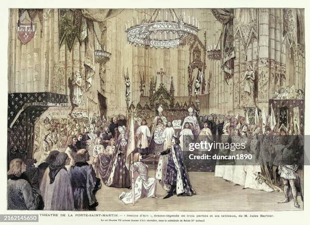 illustrations, cliparts, dessins animés et icônes de le roi charles vii anoblissant jeanne d’arc, scène de la pièce jeanne d’arc, au théâtre de la porte-saint-martin, années 1890, illustration vintage - chevalier