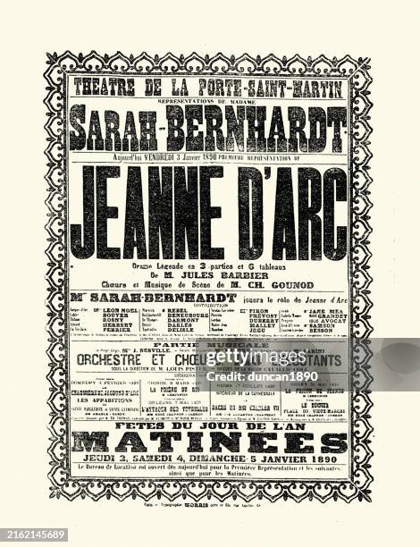 vintage theatre poster for the play, jeanne d'arc, at theatre de la porte-saint-martin, 1890s, vintage illustration - poster stock illustrations