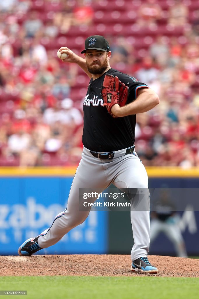 Anthony Rabe Cincinnati Anthony Bender of the Miami Marlins pitches during the game against ...