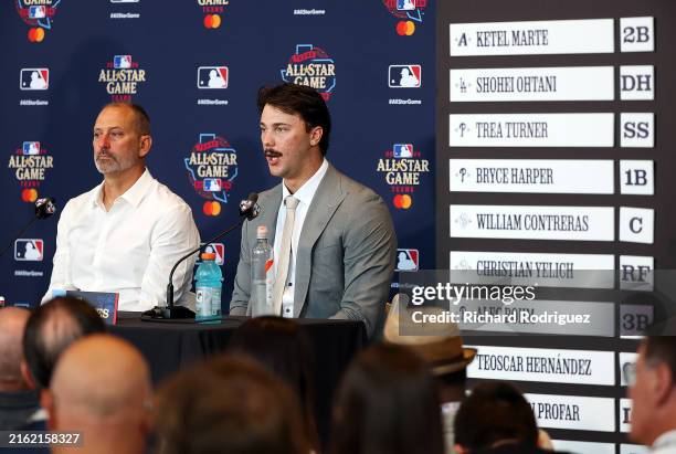National League team manager Torey Lovullo and starting pitcher Paul Skenes speak at a press conference during the Gatorade All-Star workout Dayat...