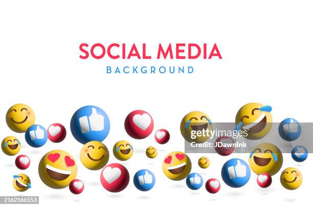 3d social media communication emojis thumbs up, like, hearts crying laughing, smiling, heart eyes icons on white background - like button stock illustrations