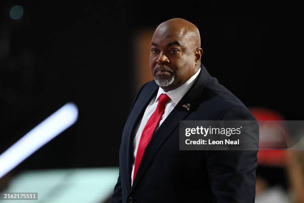 North Carolina Lt. Gov. Mark Robinson speaks on stage on the first day of the Republican National Convention at the Fiserv Forum on July 15, 2024 in...