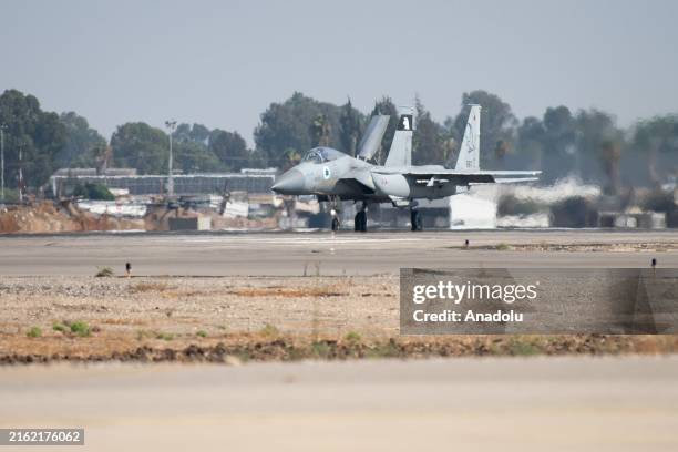 Fleet of fighter jets and aerial refuelling aircraft seen as took off from the military air base on the Red Sea coast in Eilat, Israel on July 20,...