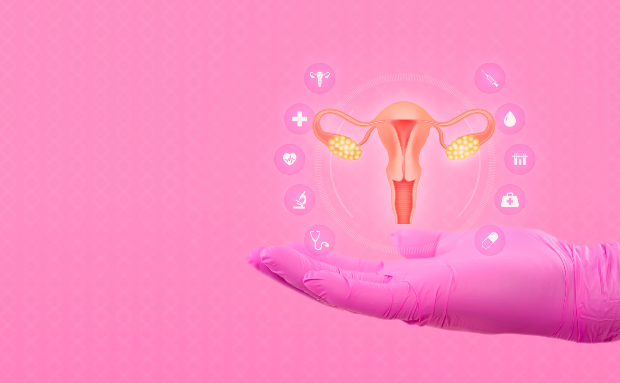 Concept of female reproductive health and Pap test. Gynecologist's hand shows uterus isolated on pink background. Cervical cancer prevention Concept of female reproductive health and Pap test. Gynecologist's hand shows uterus isolated on pink background. Cervical cancer prevention