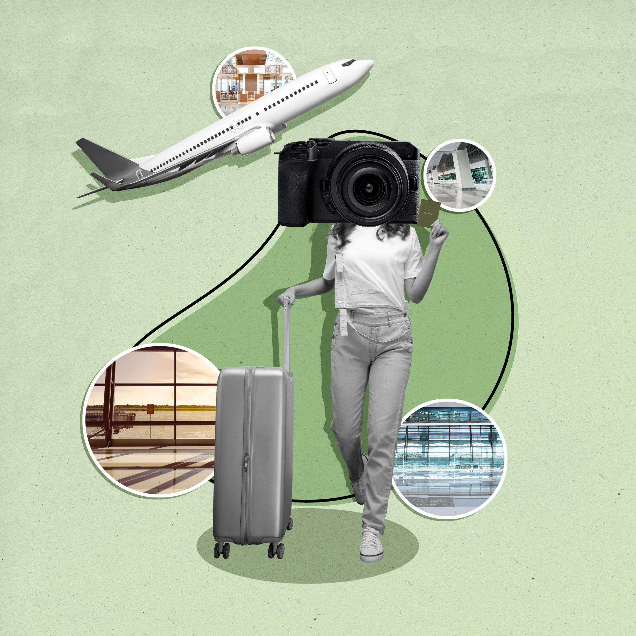 A woman with a camera head holding a passport while carrying a suitcase with a flying passenger airplane A woman with a camera head holding a passport while carrying a suitcase with a flying passenger airplane