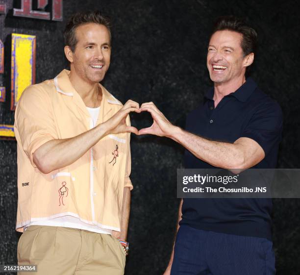 July 04: Actor Ryan Reynolds and Hugh Jackman attend 'Deadpool & Wolverine' press conference at Four Seasons Hotel Seoul in Jongno-gu on July 04,...