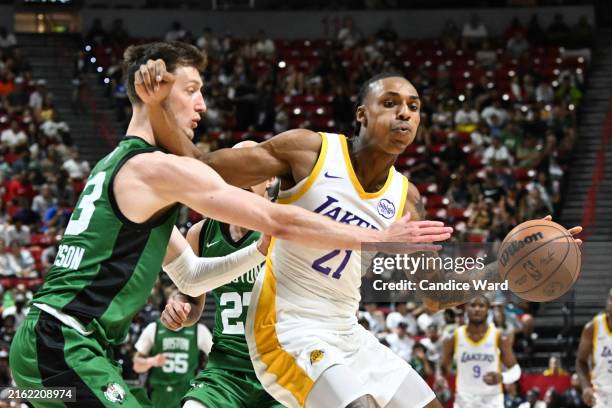Maxwell Lewis of the Los Angeles Lakers fouls Drew Peterson of the Boston Celtics in the second half of a 2024 NBA Summer League game at the Thomas &...