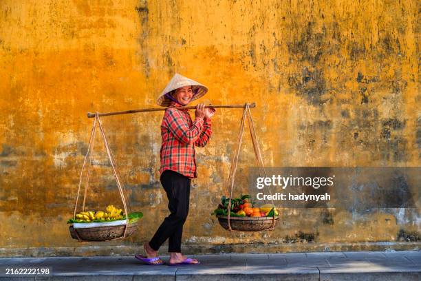 vietnamese woman selling tropical fruits, old town in hoi an city, vietnam - hoi an stockfoto's en -beelden