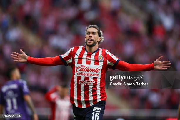 Cade Cowell of Chivas celebrates after scoring the team's first goal during the 4th round match between Chivas and Mazatlan FC as part of the Torneo...