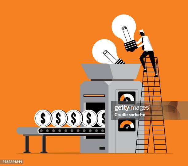 ilustraciones, imágenes clip art, dibujos animados e iconos de stock de idea de transformación al dinero-empresario - cinta transportadora