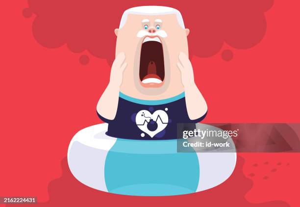 senior man screaming with lifebuoy - suicide awareness stock illustrations