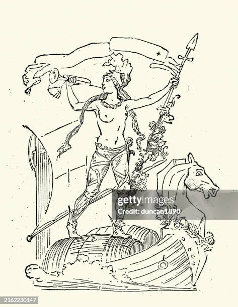 bare chested amazon warrior, blowing trumpt, holding spear, vintage french illustration 1890s 19th century - greek mythology stock illustrations